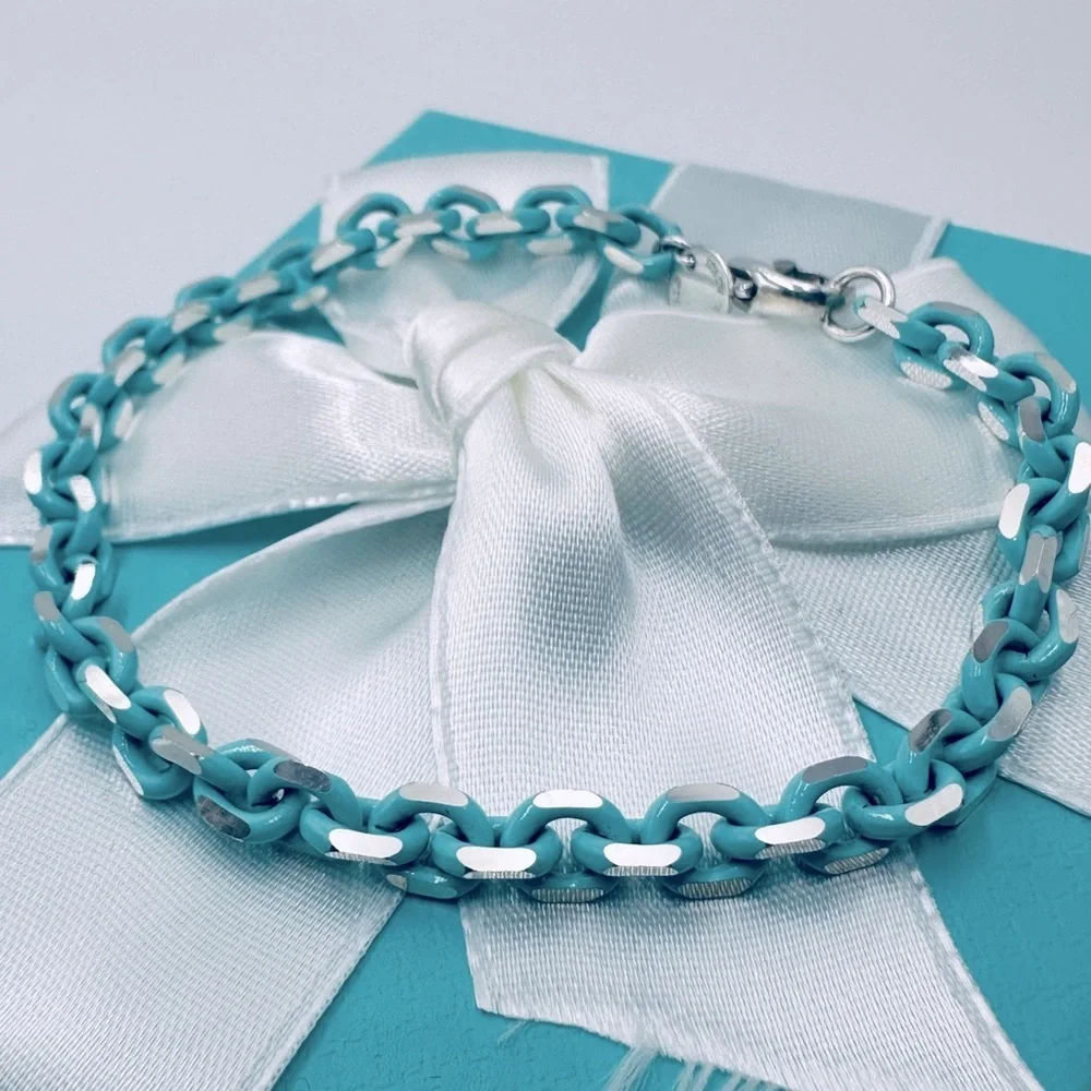 RARE Tiffany & Co. Blue Enamel Sparkle Chain Bracelet Sterling Silver with Case